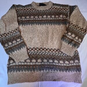 Vintage Large Fair Isle Knit Sweater Mens Brown Tan Geometric Crewneck Excellent